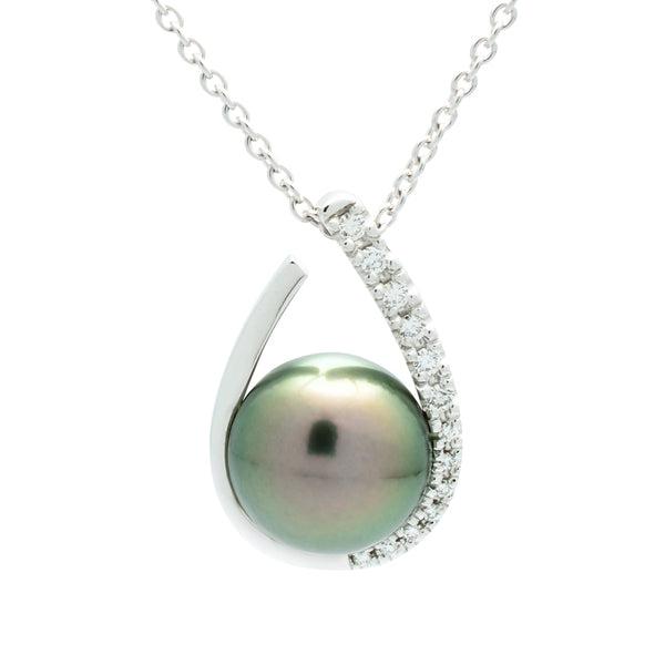 COLLIER OR BLANC 18K AVEC PENDENTIF PERLE ET DIAMANTS - BIJOU ANCIEN COMME NEUF